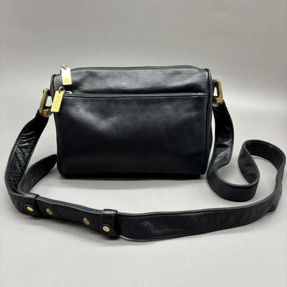 Vintage DKNY Donna Karan New York Black Leather Crossbody Bag Korea Brass '90s